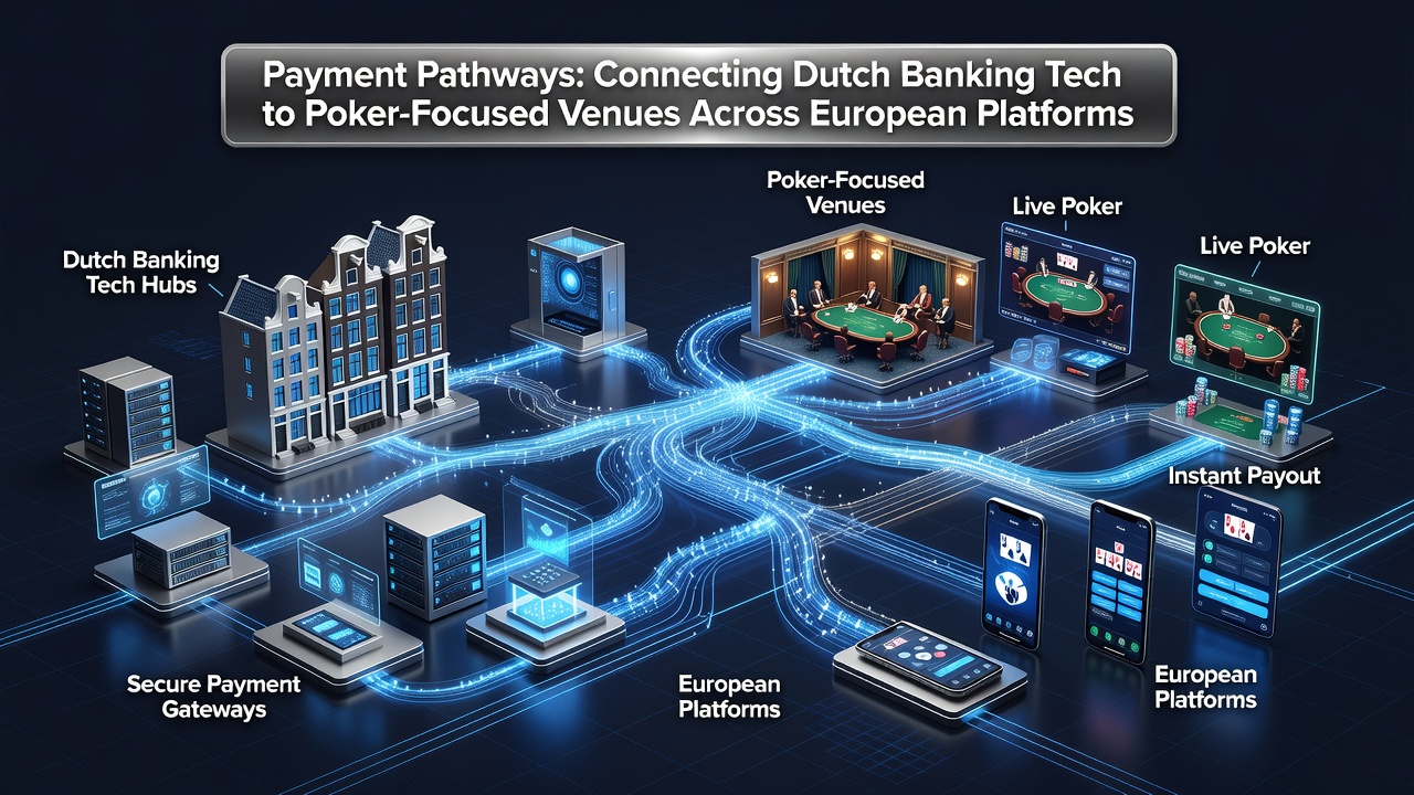 Illustratie van Europese pokerplatforms verbonden via Nederlandse banktechnologie